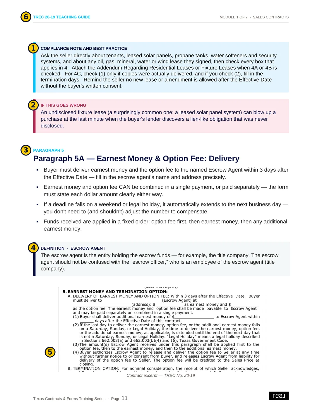 A guide page with numbered callouts on the blue and red boxes, the section heading, a definition box and the form excerpt