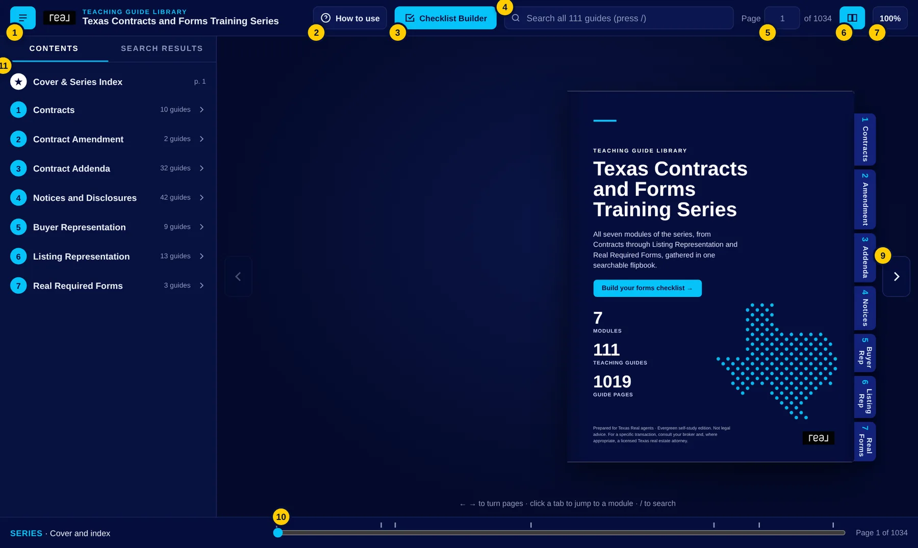 The flipbook with numbered callouts on the toolbar, contents panel, module tabs, page arrows and scrubber