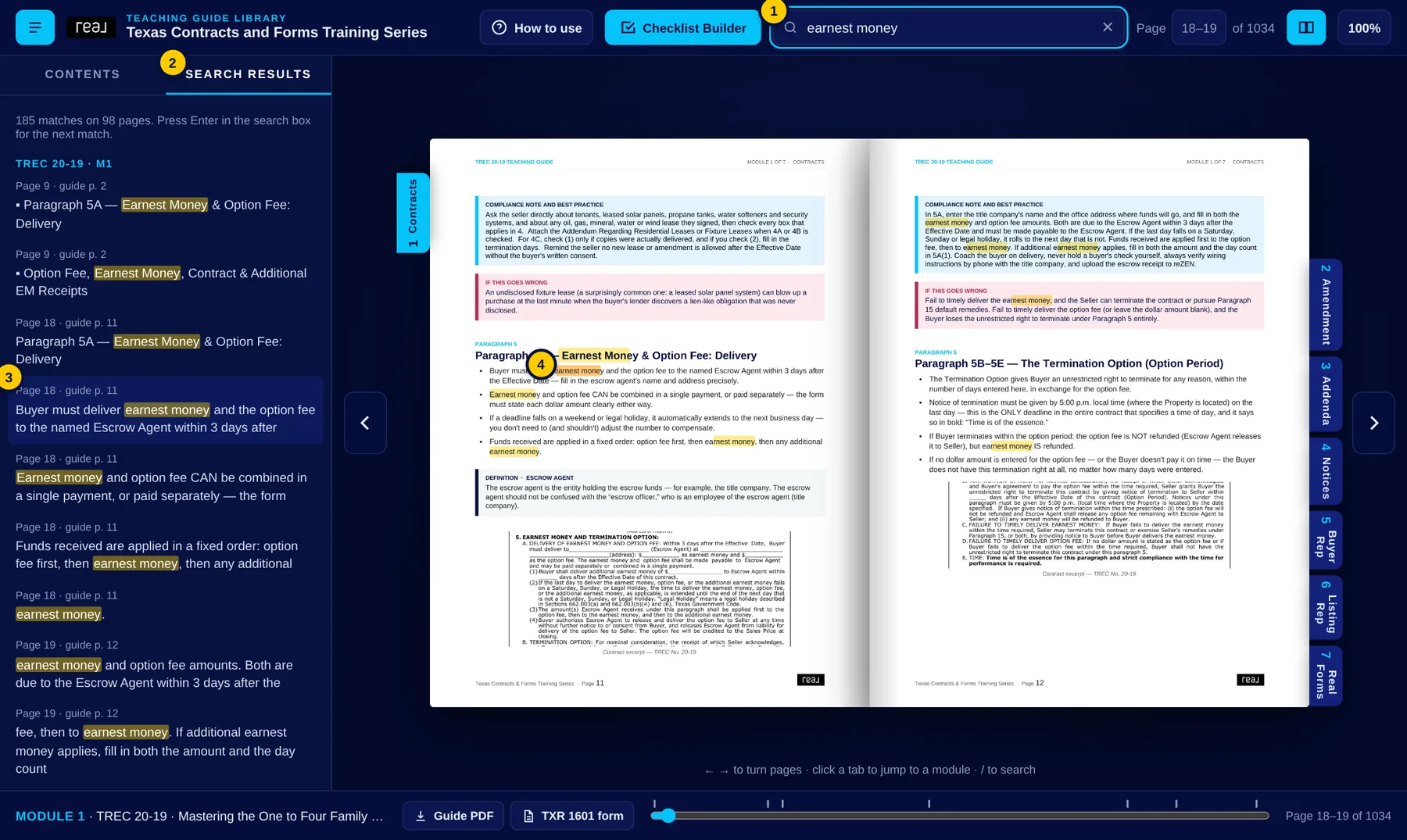 Searching for earnest money: results on the left and highlighted words on the page