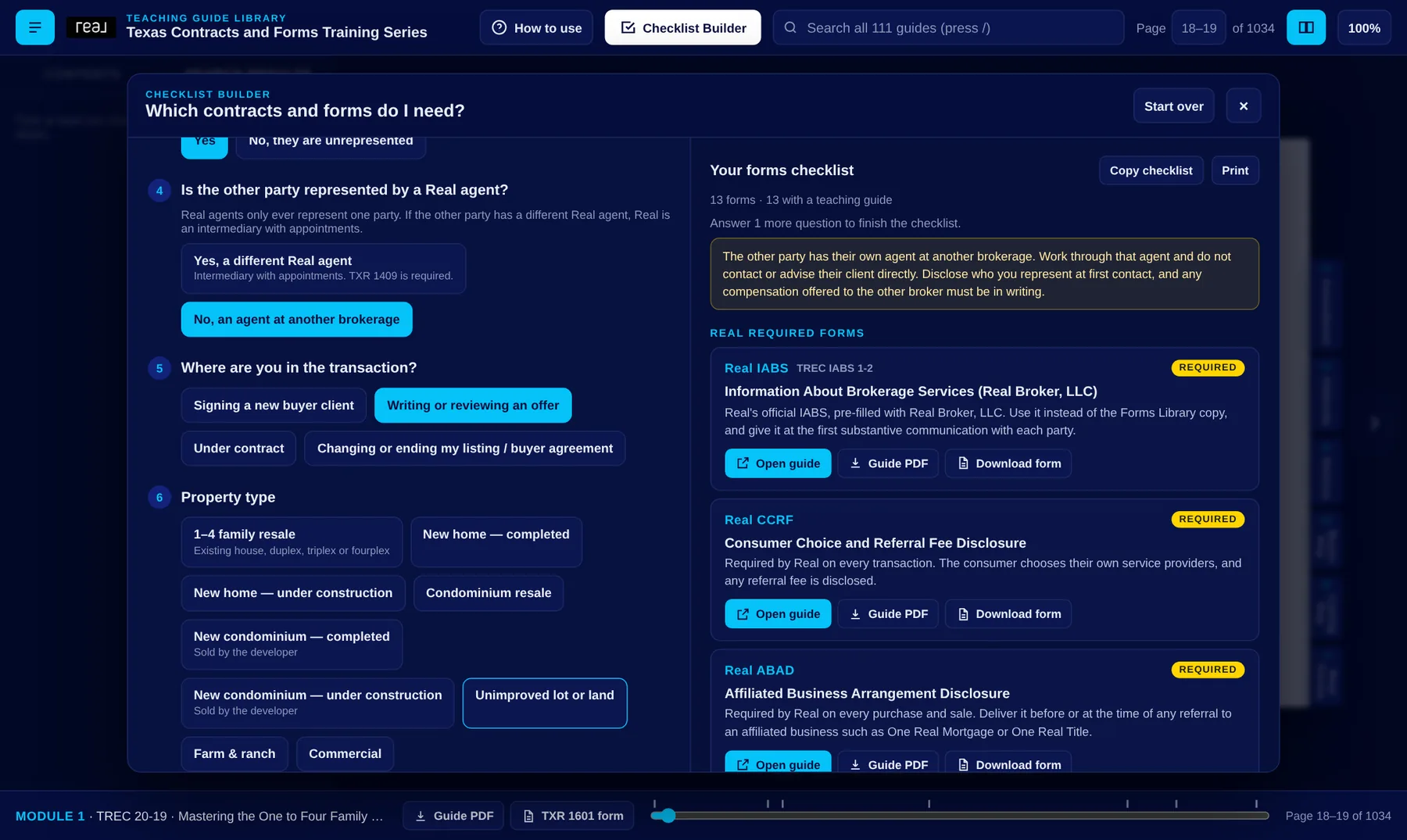 The Checklist Builder with questions on the left and the forms checklist on the right